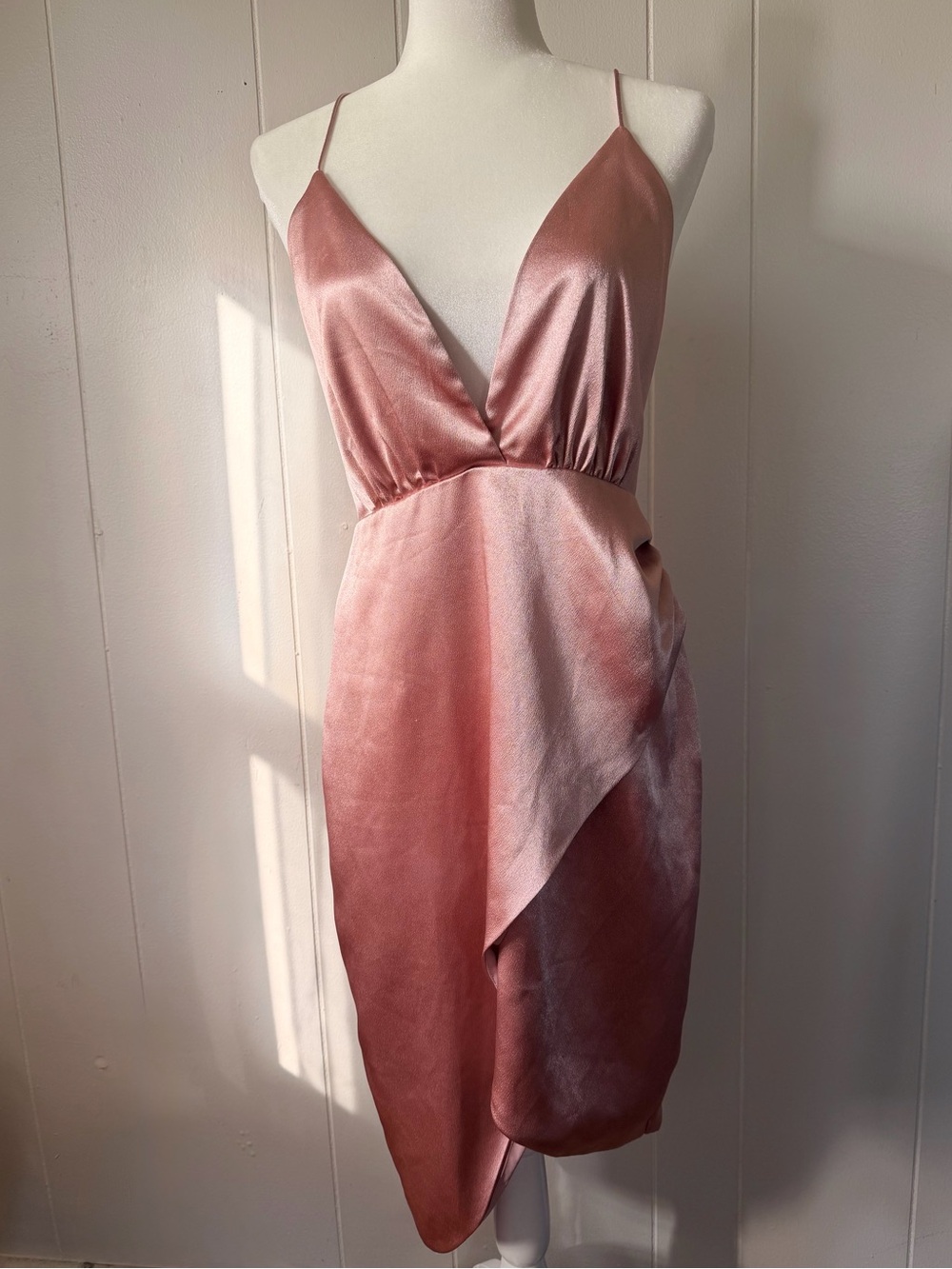 LARGE Lulus Perfect Match Blush Satin Lace-Up Dress featuring a draped skirt